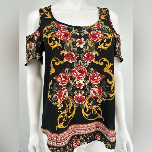 🍄4 for $35 Baroque and Roses Printed Cold Shoulder Top - Picture 1 of 7